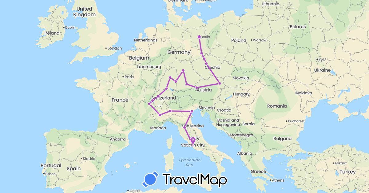 TravelMap itinerary: driving, train in Austria, Switzerland, Czech Republic, Germany, Italy (Europe)